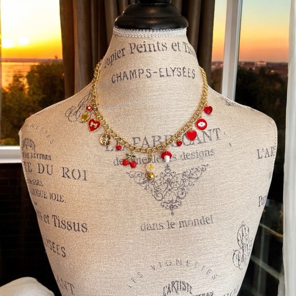 Summer-Inspired Gold and Red Charm Necklace Enamel Glass Ceramic Crystal 20” - Picture 13 of 17